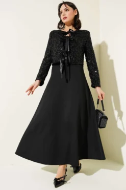 Sequin Blazer with Scuba Skirt Two-Piece Set Black