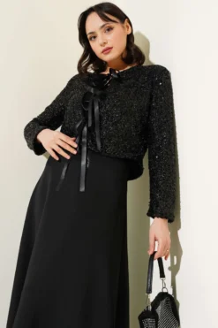 Alternative view of Sequin Blazer with Scuba Skirt Two-Piece Set Black