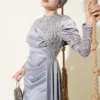 Sequined Detail Train Evening Dress Grey all'ingrosso dress view 2 - Hicabistan fabbrica Turchia