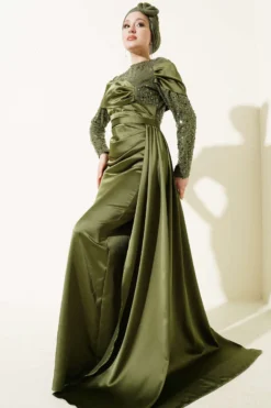 Sequined Detail Train Evening Dress Khaki groothandel dress - Hicabistan Turkije fabriek