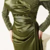 Sequined Detail Train Evening Dress Khaki wholesale dress view 4 - Hicabistan Turkey factory
