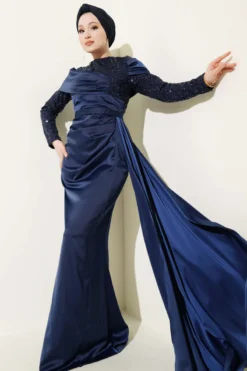 Sequined Detail Train Evening Dress Navy Blue groothandel dress - Hicabistan Turkije fabriek