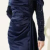 Sequined Detail Train Evening Dress Navy Blue Großhandel dress view 4 - Hicabistan Türkei Fabrik