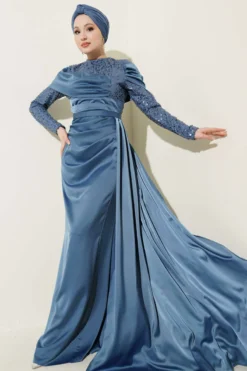 Sequined Detail Train Evening Dress Blue groothandel dress - Hicabistan Turkije fabriek