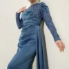 Sequined Detail Train Evening Dress Blue wholesale dress view 2 - Hicabistan Turkey factory