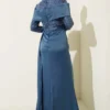 Sequined Detail Train Evening Dress Blue wholesale dress view 3 - Hicabistan Turkey factory