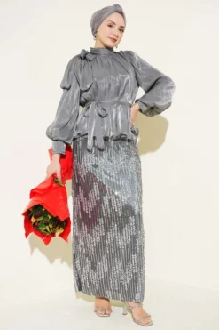 Sequin Skirt Evening Suit Grey