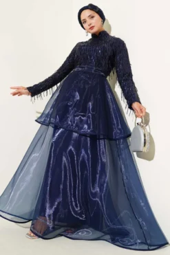 Sequin Fringed Evening Dress Navy Blue