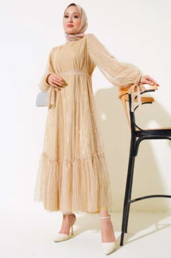 Sequin Layered Tulle Dress Camel