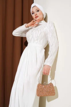 Alternative view of Beaded Belted Evening Dress White