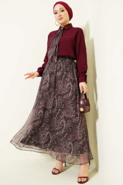 Alternative view of Retro Patterned Scarf Skirt Two-Piece Set Burgundy