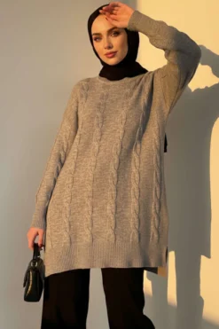 Knitted Textured Soft Knit Tunic Grey