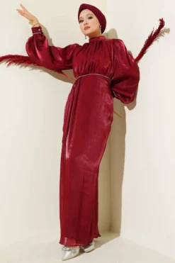 Stone Embellished Balloon Sleeve Evening Dress Burgundy Großhandel dress - Hicabistan Türkei Fabrik
