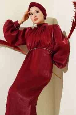 Stone Embellished Balloon Sleeve Evening Dress Burgundy Großhandel dress view 2 - Hicabistan Türkei Fabrik