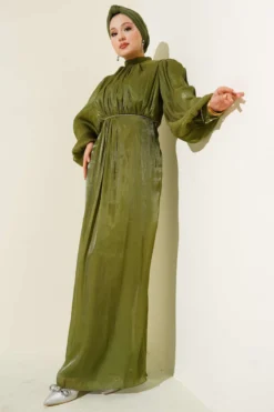 Stone Embellished Balloon Sleeve Evening Dress Khaki Großhandel dress view 2 - Hicabistan Türkei Fabrik