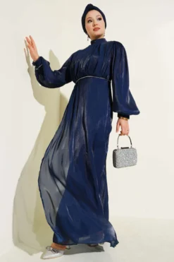 Stone Embellished Balloon Sleeve Evening Dress Navy Blue Großhandel dress - Hicabistan Türkei Fabrik