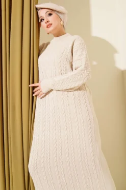 Braided Textured Knit Dress Beige Großhandel dress view 2 - Hicabistan Türkei Fabrik