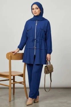 Fake Pocket Zippered Two-Piece Set Navy Blue