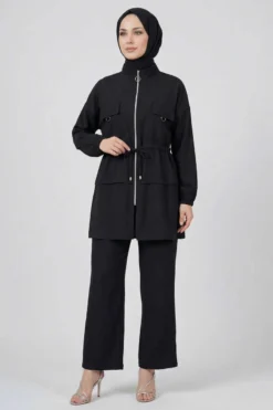 Fake Pocket Zippered Two-Piece Set Black