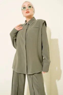 Alternative view of Fake Pocket Hidden Button Two-Piece Set Khaki