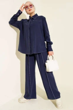 Fake Pocket Hidden Button Two-Piece Set Navy Blue