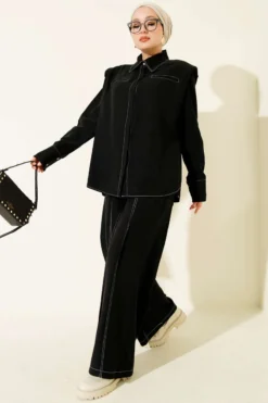 Fake Pocket Hidden Button Two-Piece Set Black