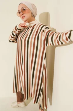 Oversized Long Striped Knit Tunic Beige