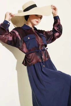 Satin Pocketed Blouse with Skirt Set Burgundy