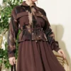 Satin Pocketed Blouse with Skirt Set Brown Großhandel clothing set view 2 - Hicabistan Türkei Fabrik