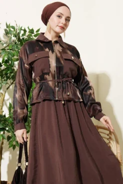 Alternative view of Satin Pocketed Blouse with Skirt Set Brown