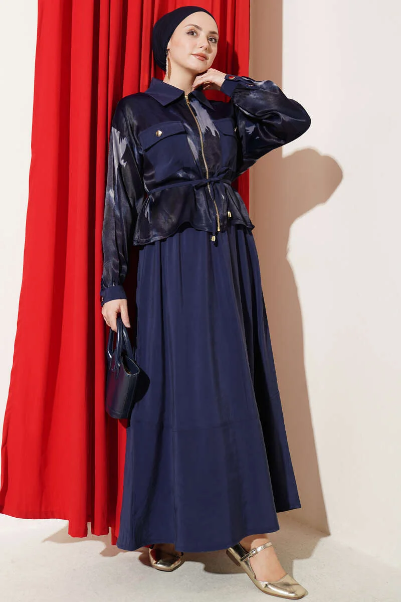 Satin Pocketed Blouse with Skirt Set Navy Blue Großhandel clothing set - Hicabistan Türkei Fabrik