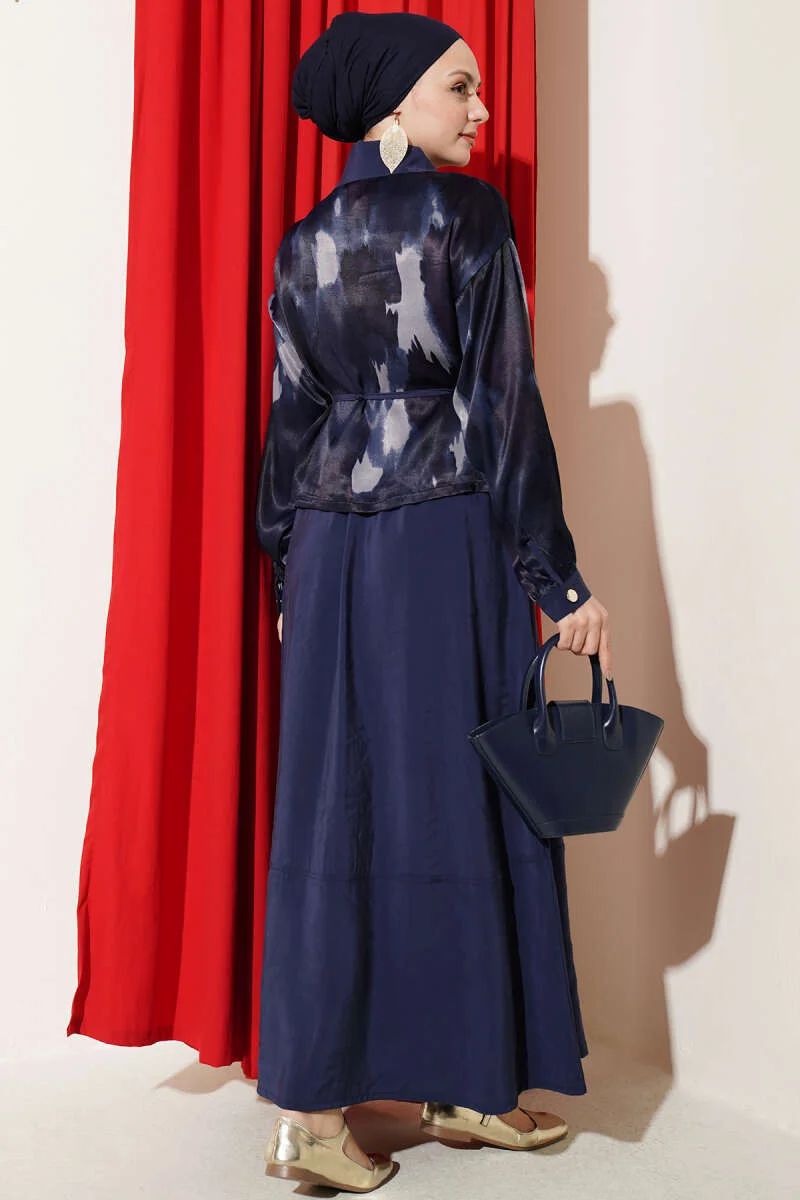 Satin Pocketed Blouse with Skirt Set Navy Blue Großhandel clothing set view 3 - Hicabistan Türkei Fabrik
