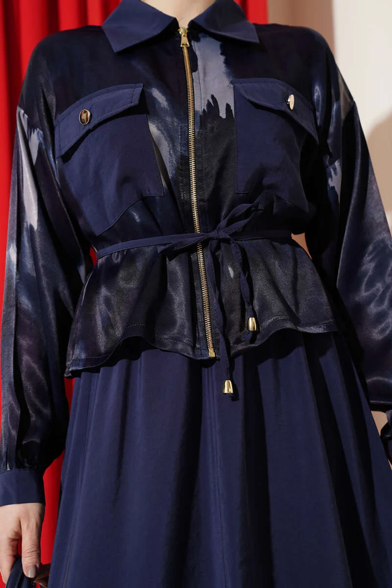 Satin Pocketed Blouse with Skirt Set Navy Blue Großhandel clothing set view 4 - Hicabistan Türkei Fabrik