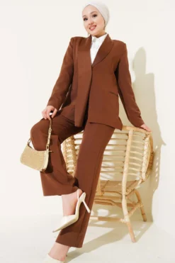 Satin Trimmed Jacket Two-Piece Set Brown