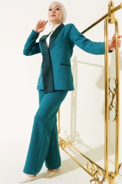 Satin Trimmed Jacket Two-Piece Set Emerald