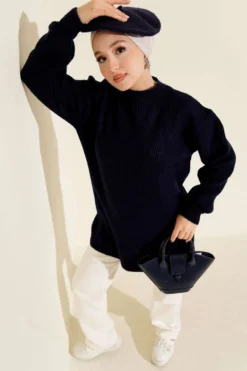 Chunky Knit Soft Sweater Tunic Navy Blue