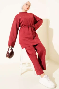 Alternative view of Stone-Embellished Drawstring Two-Piece Set Burgundy