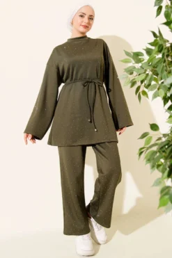 Stone-Embellished Drawstring Two-Piece Set Khaki