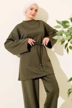 Alternative view of Stone-Embellished Drawstring Two-Piece Set Khaki