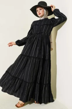 Glitter Striped Lace Detailed Dress Black en gros dress - Hicabistan usine Turquie