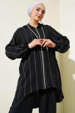 Alternative view of Glitter Striped Hooded Two-Piece Set Black