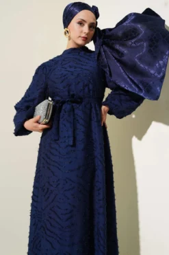 Alternative view of Balloon Sleeve Belted Dress with Simulated Fur Navy Blue