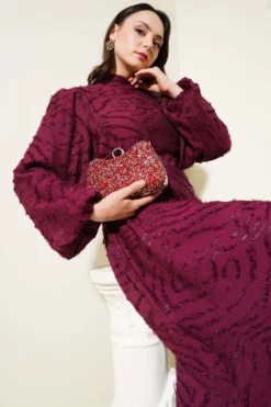 Alternative view of Balloon Sleeve Belted Dress with Simulated Fur Plum