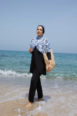 Printed Modest Swimwear with Top Cover Blue