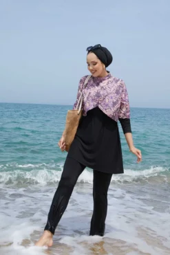 Printed Modest Swimwear with Top Cover Purple