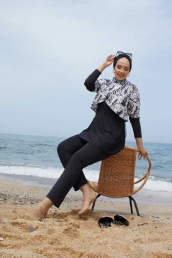 Printed Modest Swimwear with Top Cover Black