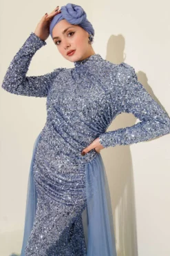 Tulle Cape Sequin Evening Dress Baby Blue wholesale dress view 2 - Hicabistan Turkey factory