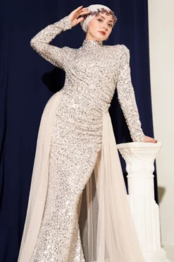 Tulle Cape Sequin Evening Dress Beige all'ingrosso dress view 2 - Hicabistan fabbrica Turchia