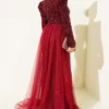 Tulle Cape Sequin Evening Dress Burgundy Großhandel dress view 3 - Hicabistan Türkei Fabrik