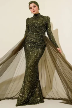 Tulle Cape Sequin Evening Dress Khaki wholesale dress view 2 - Hicabistan Turkey factory